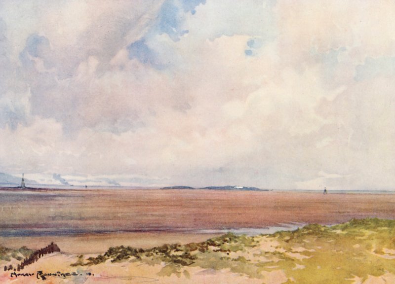 Campos de golfe: Lago Hoy, com vista para Hilbre a partir do nono tee (litografia a cores) de Harry (1878-1950) Rountree