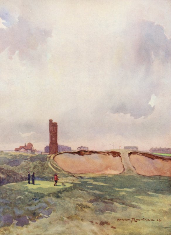 Campos de golfe: Littlestone o carry do décimo sétimo tee (litografia a cores) de Harry (1878 1950) Rountree