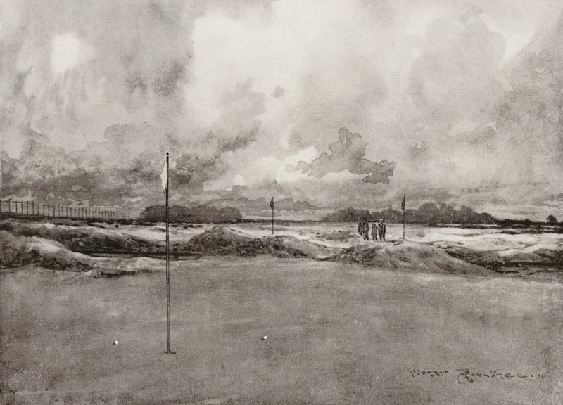 Campos de golfe: Mitcham, o sétimo green (litografia) de Harry (1878 1950) Rountree