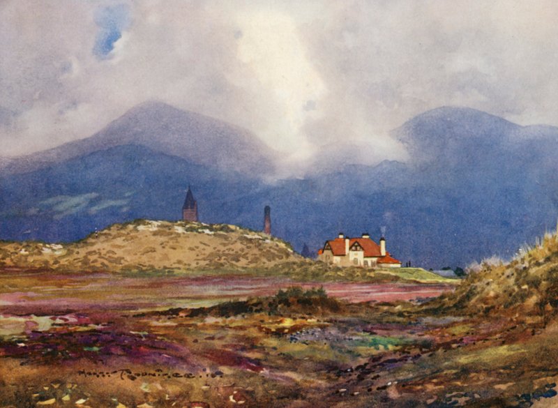 Campos de golfe: Newcastle, o nono carry e o club house (litografia a cores) de Harry (1878 1950) Rountree