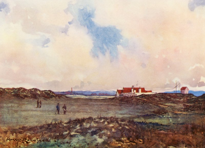 Campos de golfe: Portmarnock, a segunda tacada no décimo oitavo buraco (litografia a cores) de Harry (1878 1950) Rountree