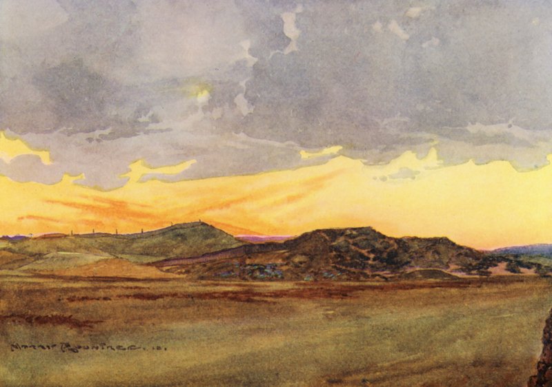 Campos de golfe: Prestwick, olhando para trás, para os "Alpes" (litografia a cores) de Harry (1878 1950) Rountree