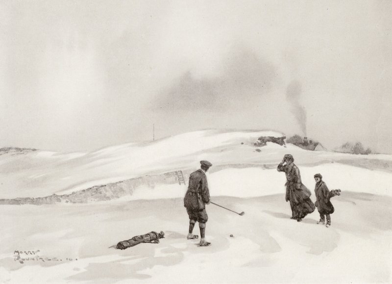 Campos de golfe: Skegness, a segunda tacada no nono buraco (litografia) de Harry (1878 1950) Rountree