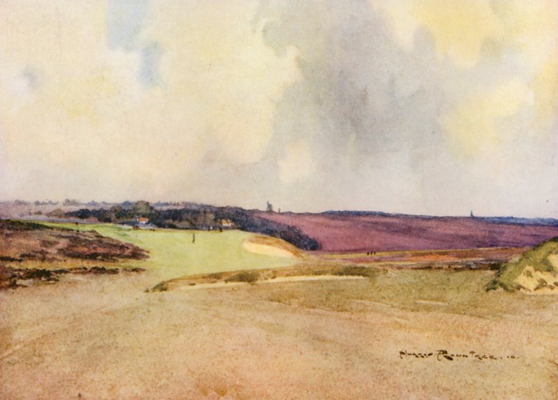 Campos de golfe: Walton Heath, segunda tacada no sétimo buraco (litografia a cores) de Harry (1878 1950) Rountree