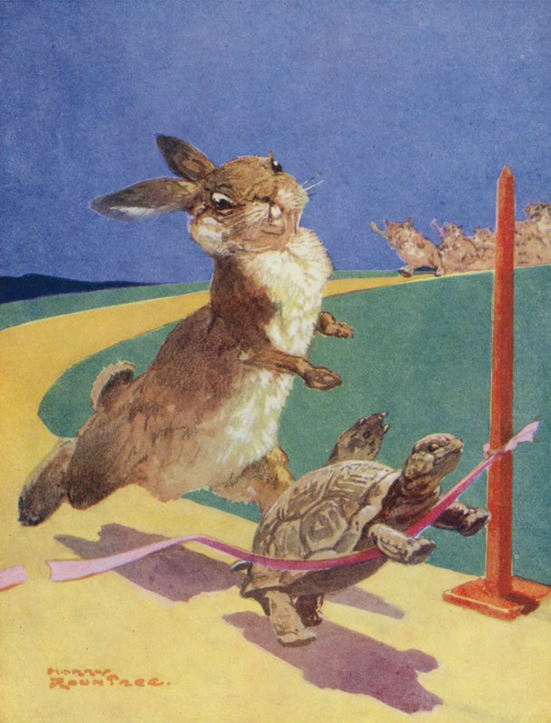 Fábulas de Esopo: A lebre e a tartaruga (litografia a cores) de Harry (1878 1950) Rountree