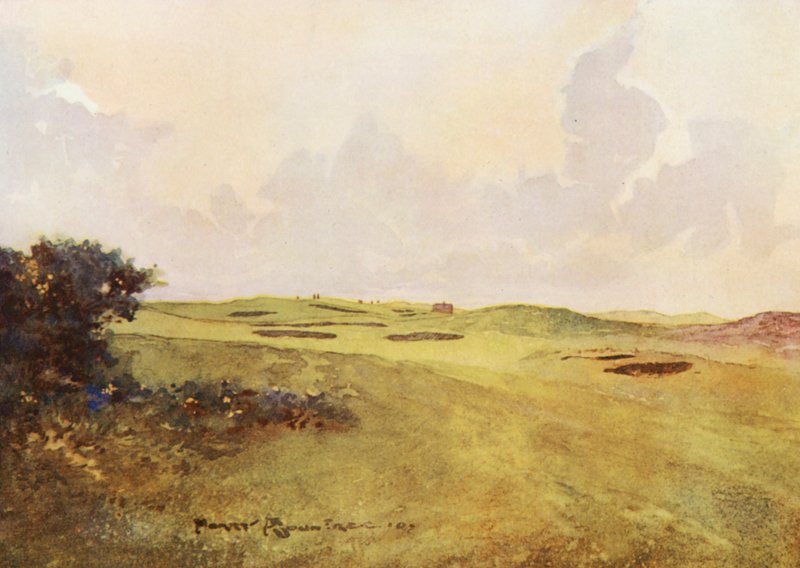 Campos de golfe: Andrews, olhando para trás a partir do décimo segundo green (litografia a cores) de Harry (1878 1950) Rountree
