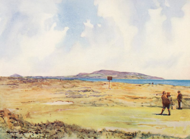 Campos de golfe: Dollymount, o primeiro tee, na direção de Howth (litografia a cores) de Harry (1878-1950) Rountree