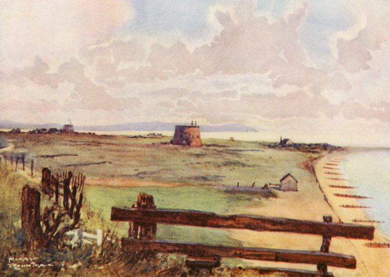Campos de golfe: Felixtowe, vista geral do campo (litografia a cores) de Harry (1878 1950) Rountree