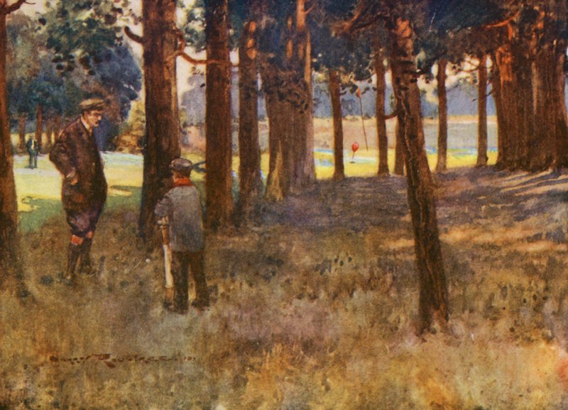 Campos de golfe: Mildenhall, o resultado de uma má tacada no sexto buraco (litografia a cores) de Harry (1878 1950) Rountree