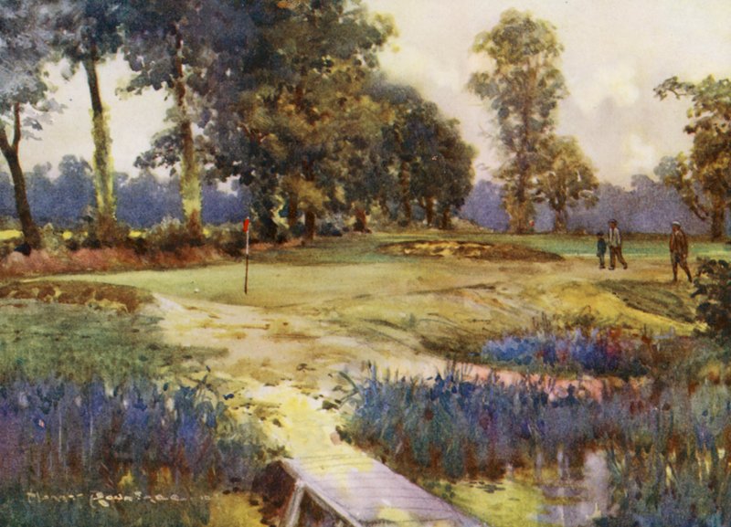 Campos de golfe: Romford, o sexto green (litografia a cores) de Harry (1878 1950) Rountree