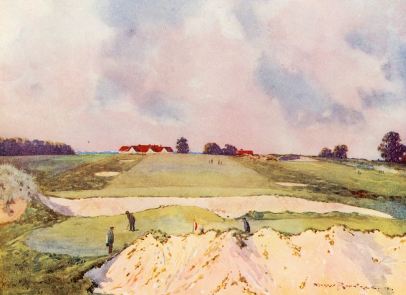 Campos de golfe: Sandy Lodge, o primeiro green, em direção à casa do clube (litografia a cores) de Harry (1878 1950) Rountree