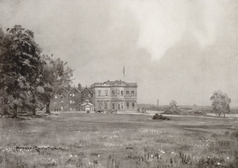 Campos de golfe: Trafford Park, a casa do clube a partir do décimo oitavo tee (litografia) de Harry (1878 1950) Rountree