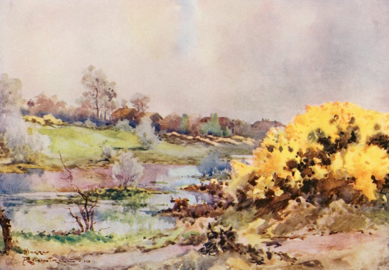 Campos de golfe: A trabalhar, olhando para trás para o décimo sexto green (litografia a cores) de Harry (1878-1950) Rountree
