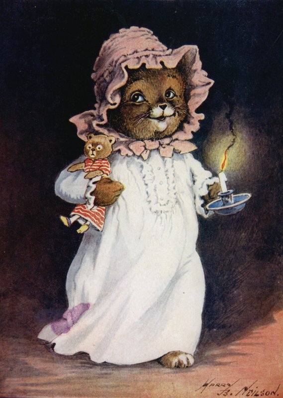 Gato de camisola, carregando uma vela e um gato de pelúcia, indo para a cama de Harry B Neilson