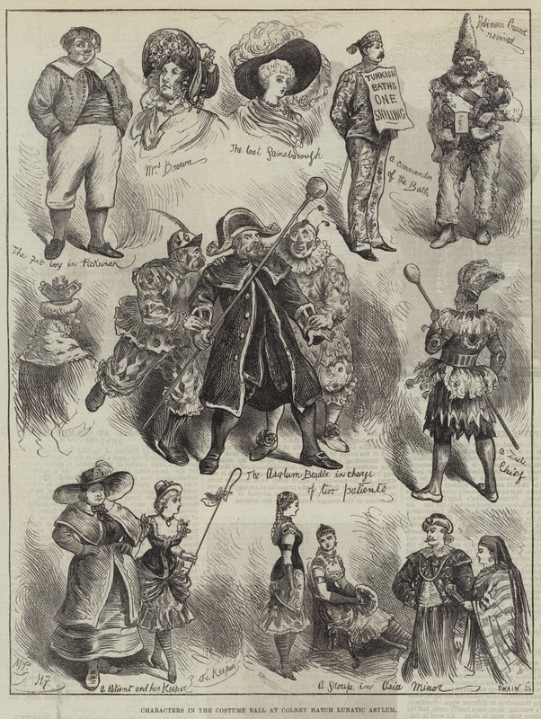 Personagens na bola de fantasia em Colney Hatch Lunatic Asylum de Harry Furniss