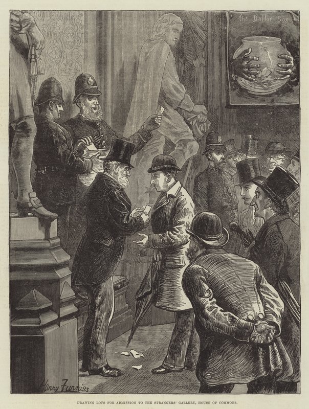 Desenhando Lotes para Admissão à Galeria dos Estranhos, Câmara dos Comuns de Harry Furniss