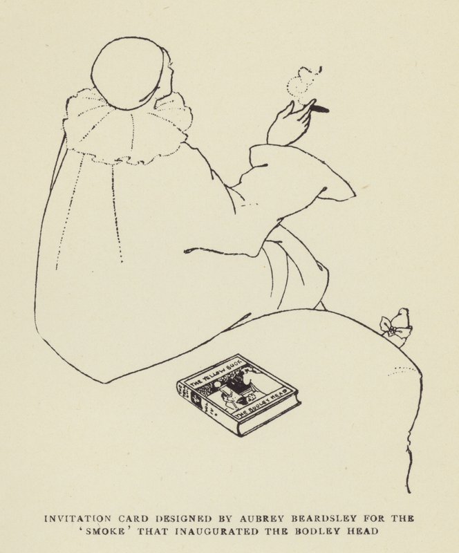 Cartão de convite projetado por Aubrey Beardsley para a fumaça que inaugurou a cabeça de Bodley de Harry Furniss