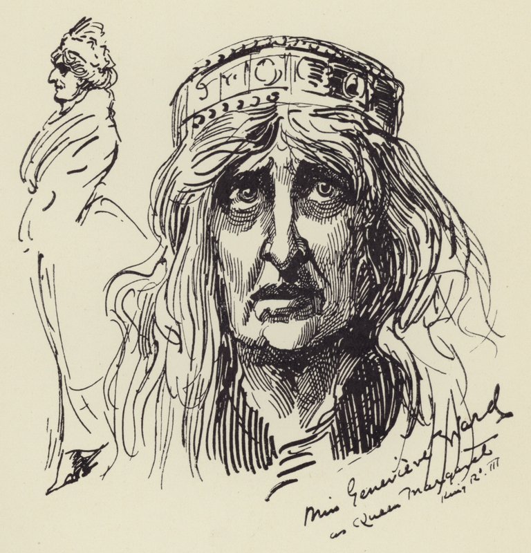 Miss Genevieve Ward como a Rainha Margarida de Harry Furniss