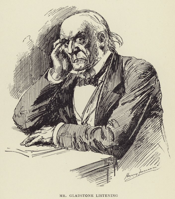 O Sr. Gladstone ouvindo de Harry Furniss