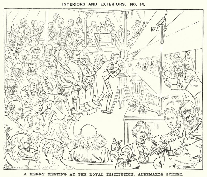 Soco cartoon: A Merry Meeting at the Royal Institution, Albemarle Street, Londres (gravura) de Harry Furniss