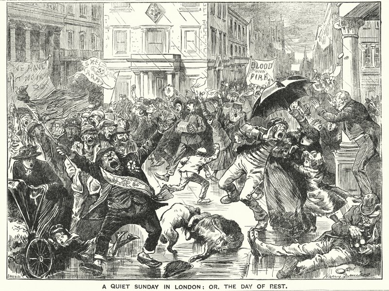 Soco cartoon: Um Domingo calmo em Londres; ou, o Dia de Descanso (gravura) de Harry Furniss