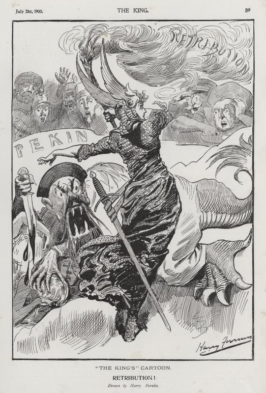 Retribuição, desenho animado sobre a Rebelião Boxer na China (gravura) de Harry Furniss