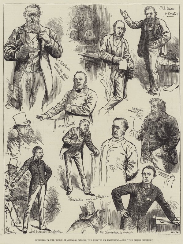 Esboços na Câmara dos Comuns durante os debates sobre o procedimento de Harry Furniss