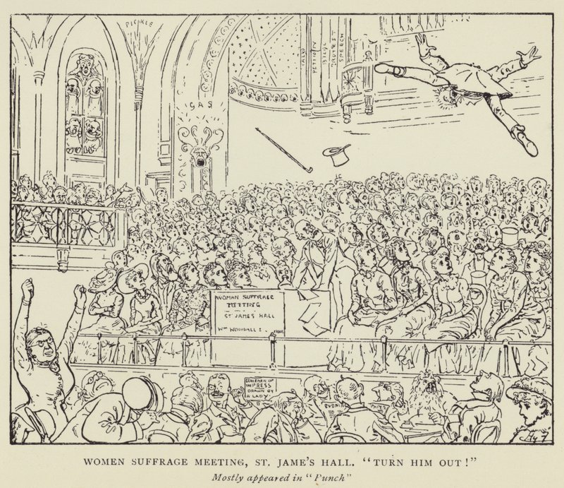 Reunião do Sufrágio das Mulheres, St James Hall, Apague-o! de Harry Furniss