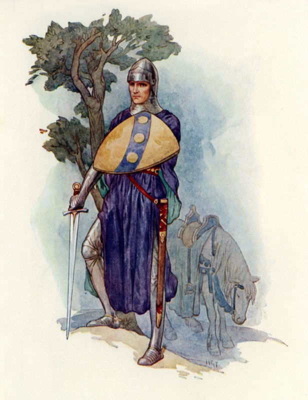 Um cavaleiro a barrar o caminho (litografia a cores) de Harry George Theaker