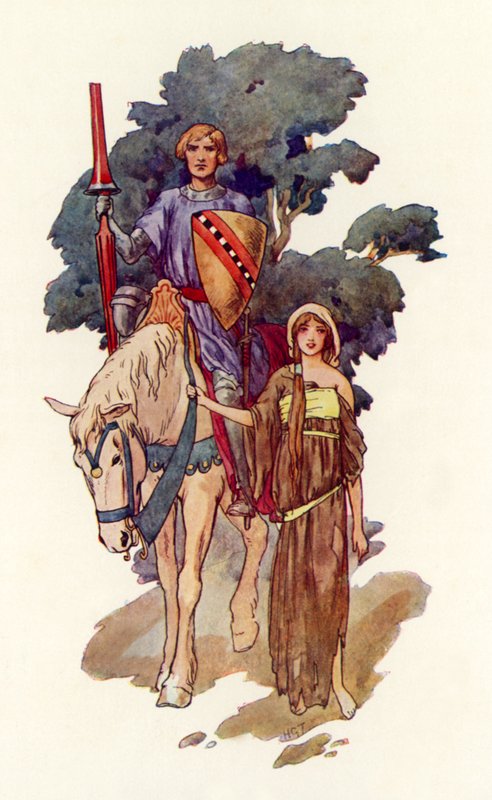 Um cavaleiro com uma donzela de trapos ao seu lado (litografia a cores) de Harry George Theaker