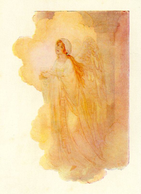 Uma senhora esbelta e bonita que surge na luz dourada (litografia a cores) de Harry George Theaker