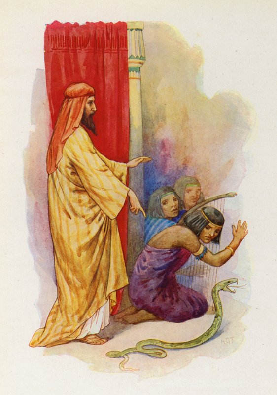 A vara de Aarão caiu no chão sob a forma de uma serpente viva (litografia a cores) de Harry George Theaker
