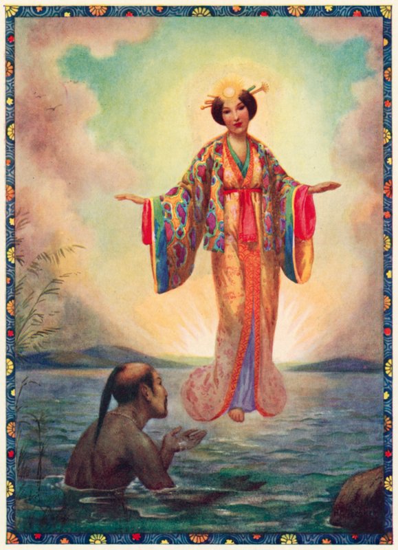 Amaterasu, a grande divindade que brilha no céu (litografia a cores) de Harry George Theaker