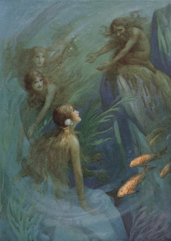 Andvari e as Donzelas do Reno, de "O Ouro do Reno" (litografia a cores) de Harry George Theaker
