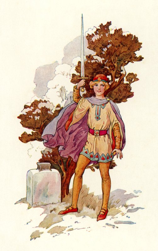 Artur com Escalibur (litografia a cores) de Harry George Theaker