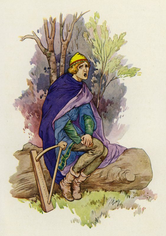Enquanto se sentava, o jovem balbuciou uma canção triste (litografia a cores) de Harry George Theaker