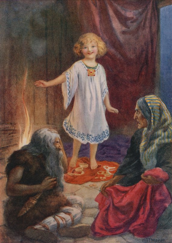 Aslaug, Aki e Grima, de "Ragnar Lodbrog" (litografia a cores) de Harry George Theaker