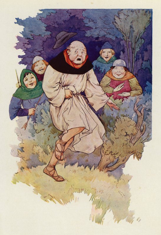 Ao primeiro toque da ponta da flecha no seu manto, o Abade saltou no ar com um guincho (litografia a cores) de Harry George Theaker