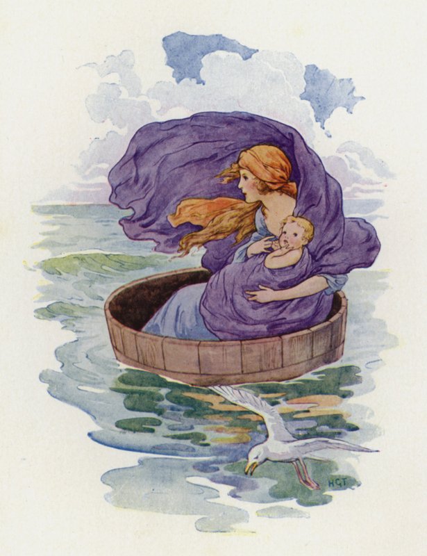 Partida de Danae e do seu pequeno filho (litografia a cores) de Harry George Theaker