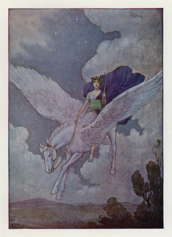 Belerofonte e o seu cavalo com asas de prata (litografia a cores) de Harry George Theaker