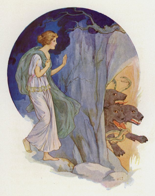 Cérbero, um cão terrível com três cabeças (litografia a cores) de Harry George Theaker