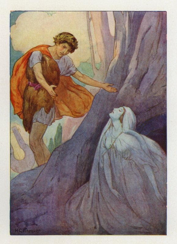 Gritando de alegria, Orfeu tentou apanhá-lo nos seus braços (litografia a cores) de Harry George Theaker