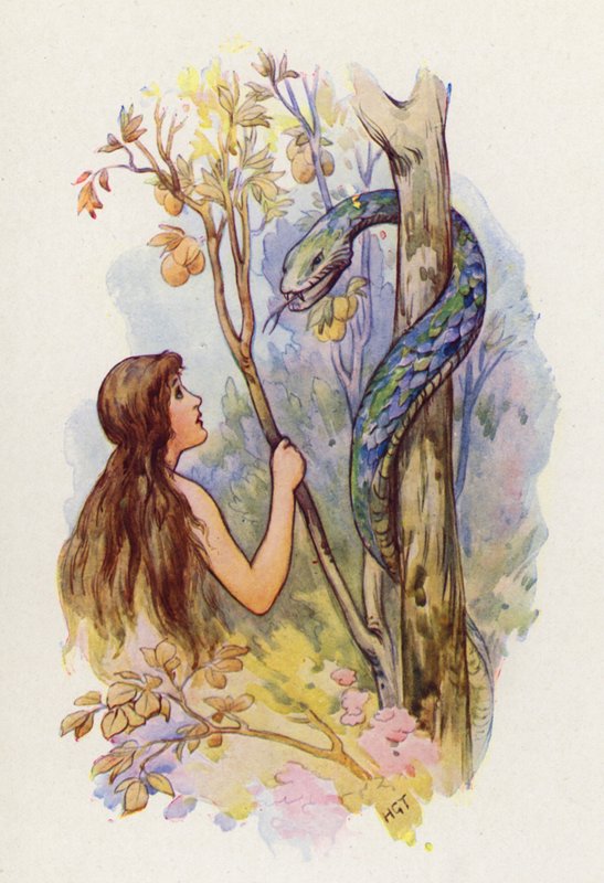 Eva olhava para a Serpente com admiração (litografia a cores) de Harry George Theaker