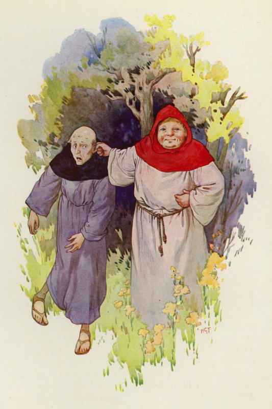 Frei Tuck conduzido pela orelha por um monge de aspeto magro e miserável (litografia a cores) de Harry George Theaker