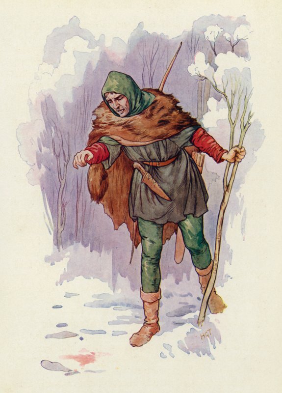 "Ha!" gritou Herbert, o Guarda-florestal, "houve aqui uma matança!" (litografia a cores) de Harry George Theaker