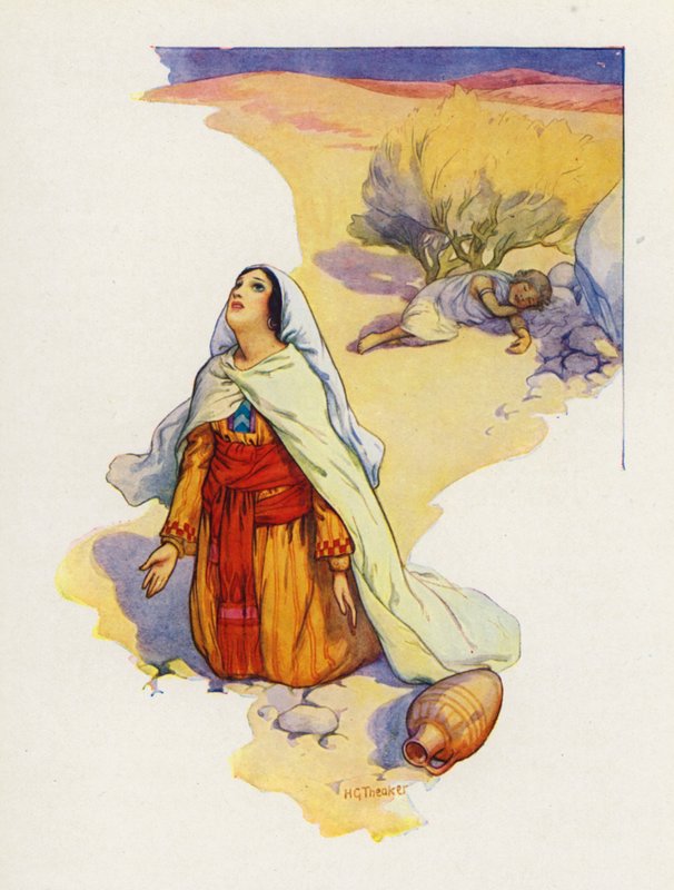 Agar deitou a criança à sombra de um arbusto (litografia a cores) de Harry George Theaker