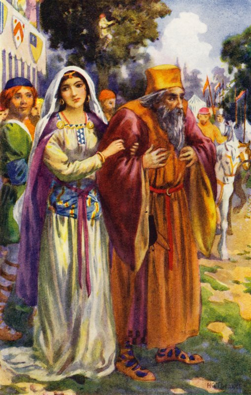 "Ele contemplou Isaac, o judeu, e a sua adorável filha Rebeca" (litografia a cores) de Harry George Theaker
