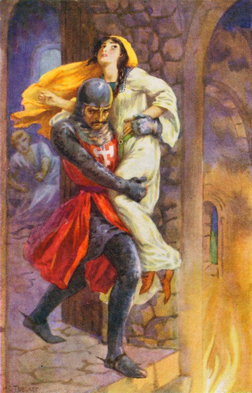 "Ele agarrou-a e levou-a para fora do apartamento" (litografia a cores) de Harry George Theaker