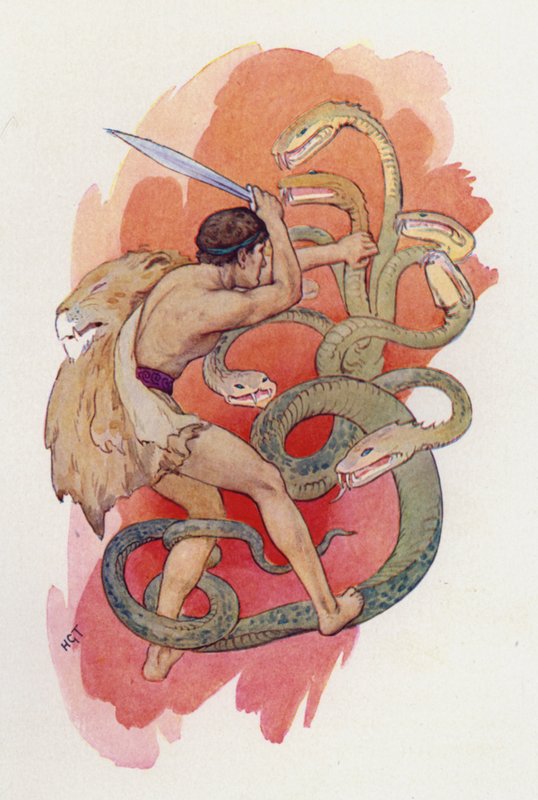 Hércules e a serpente de sete cabeças (litografia a cores) de Harry George Theaker