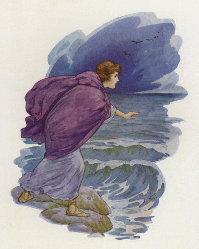 O herói correu para a praia (litografia a cores) de Harry George Theaker